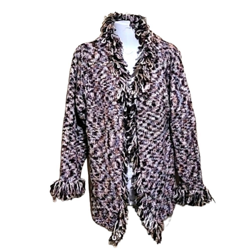 CASAMIA Brown Multicolored Ruffle Cardigan Sweater Sz M/L